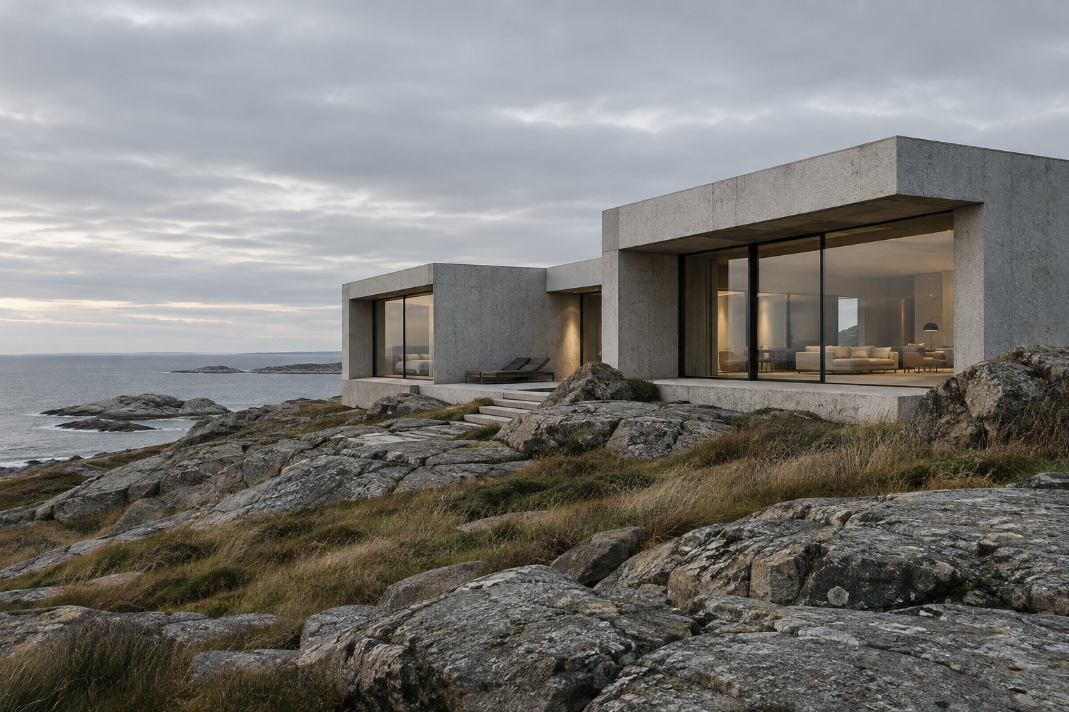 Sculptural concrete coastal residence with expansive glazing overlooking rugged terrain